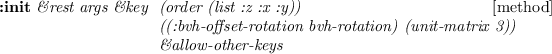 \begin{emtabbing}
{\bf :init}
\it\&rest args \&key \= tree \\lq  [method]\\
\> coords \\
\> ((:scale scl))
\rm
\end{emtabbing}